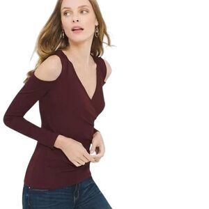 White House Black Market Dark Burgundy Long Sleeve Surplice Cold Shoulder Top